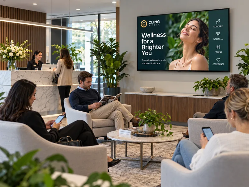 Illustrative digital screen placement in waiting areas