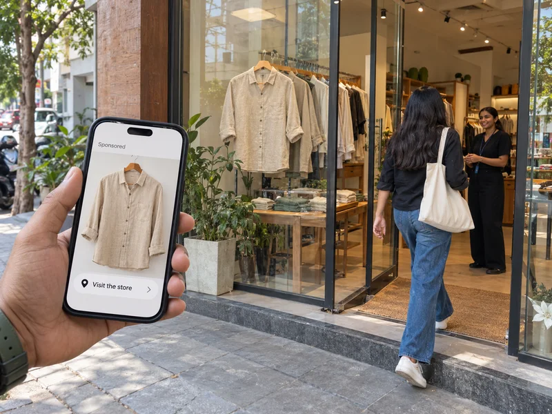 Concept phone ad for a linen shirt beside the matching shop display and a customer entering