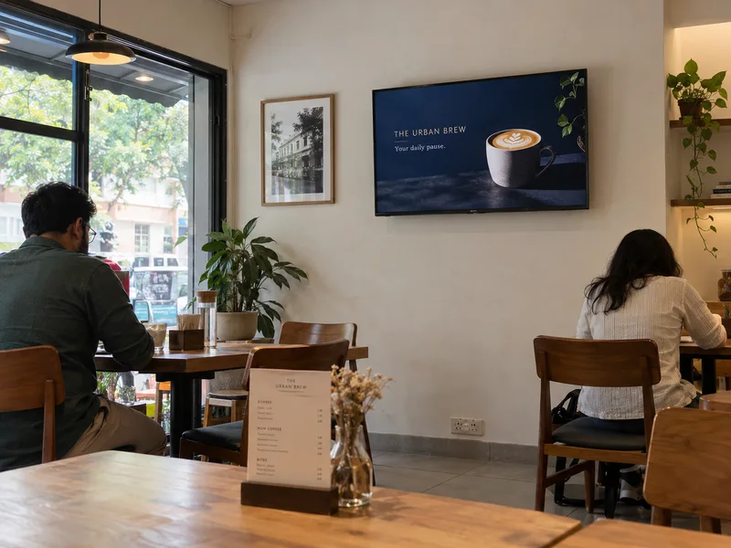 Concept café with a modest wall-mounted screen, customers and a printed menu