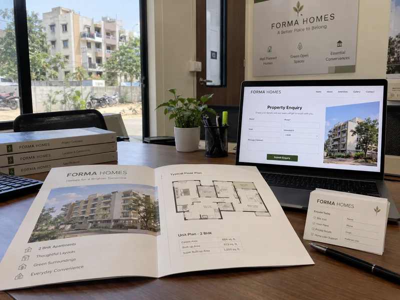 Concept property site office with an open floor-plan brochure and a digital enquiry page