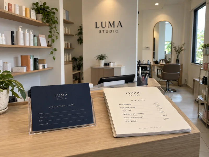 Concept beauty studio reception with matching sign, appointment card and treatment leaflet